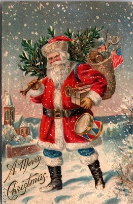 Antique Santa Claus Postcard Snow Drum Toys American Flag Embossed 1908