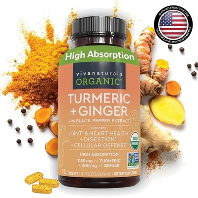 Organic Turmeric & Ginger Supplement with Black Pepper for Joint & Heart Health