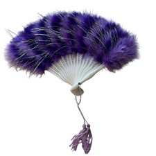 Vtg Purple Feather Folding Hand Fan Glam Plastic Handle 11  x 8  Sparkle Costume