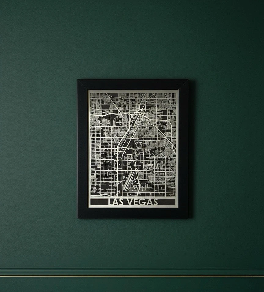 Arte único mapa de la ciudad de Las Vegas 16x13" negro plata metal marco decoración minimalista Foto 4 de 4