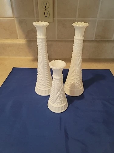 Set Of 3 Anchor Hocking VTG Milk Glass Vase Stars & Bars Tall Glossy Bud Vase