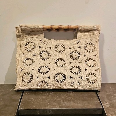 Zara Woman Mova Beige Floral Crochet Top Handle Bamboo Handle Silver Chain