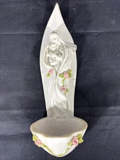HOLY WATER FONT - Virgin Mary and Baby Jesus - WHITE resin & PINK Roses