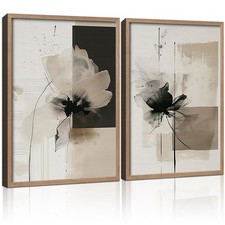 2Pcs Framed Black and White Flower Abstract Wall Art Modern Neutral Canvas Pr...