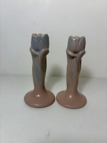 PAIR OF VINTAGE VAN BRIGGLE POTTERY 8" MULBERRY TULIP BUD VASE/CANDLE HOLDERS