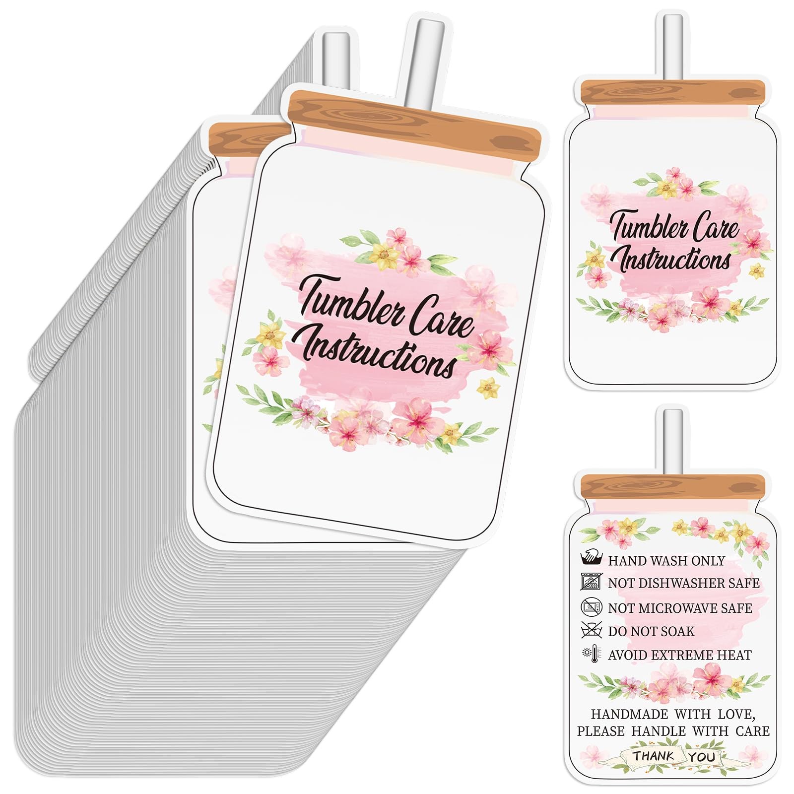 200 Pcs Cup Care Instruction Card, Tumbler Care Card, Flower Style