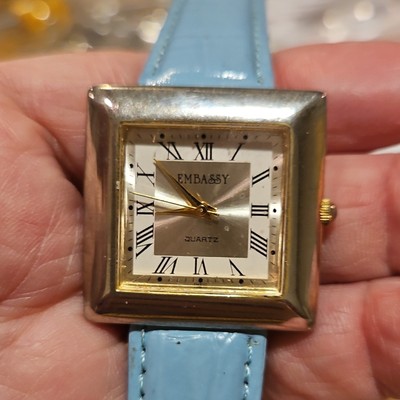 Embassy Rectangle Quartz Wristwatch Light Blue Leather Band Buckle