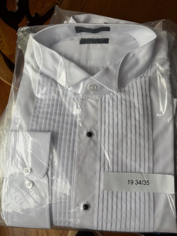 NEW Milani Sz 19 Tuxedo/Formal Shirt. White Pleated Wing Tip Collar. LS 34/35.