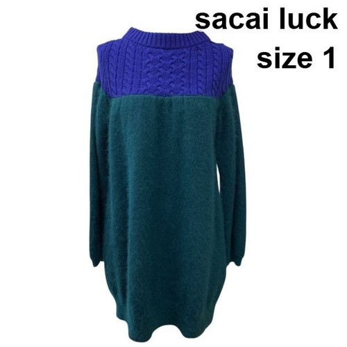 sacai Luck Knit tunic Long Sleeve bicolor switching mini Dress Blue Green ango W