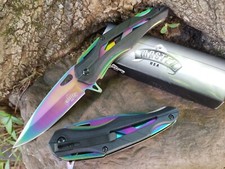 Rainbow Titanium Coated Spring Assisted Pocket Knife Black EDC Guys Ladies