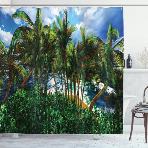 Hawaii Island Palm Trees Forest Ocean Waves Sky and Sunlight Shower Curtain Set