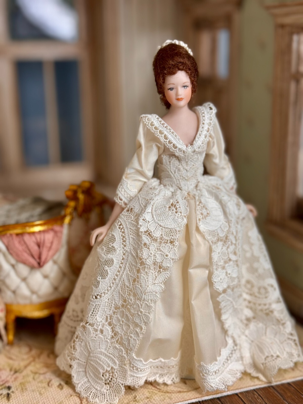 Vintage Artisan Miniature Dollhouse Auburn Porcelain Lady Doll w Ivory