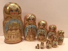 RUSSIAN MATRYOSHKA NESTING DOLL CHURCHES WOOD BURNED GOLD HANDMADE NEW 10 PCS