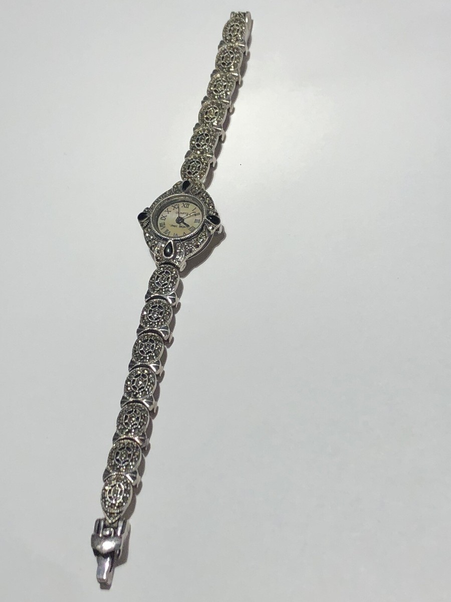 Vintage Sterling Silver 925 Marcasite Onyx Ladies Watch | eBay display picture 2
