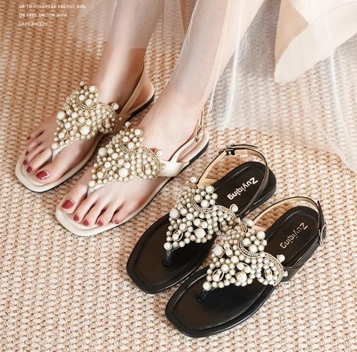 Womens Summer Rhinestone Pearl Flat Square Toe Flip Flops Slingback Buckle Shoes