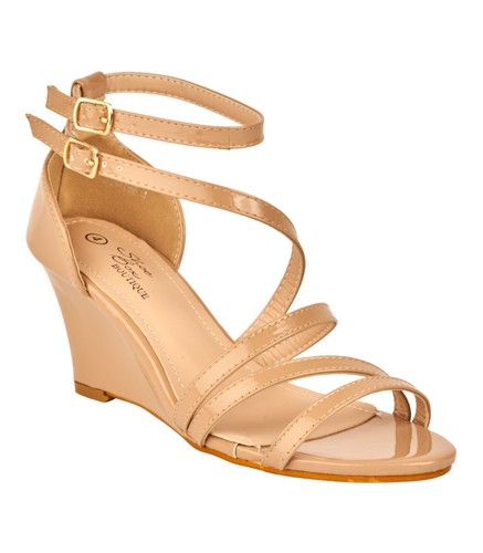 NEU PATENT MITTLERER KEILABSATZ KNÖCHELRIEMEN PEEP TOE HOCHZEIT ABEND PARTY SANDALEN - Bild 7 von 7