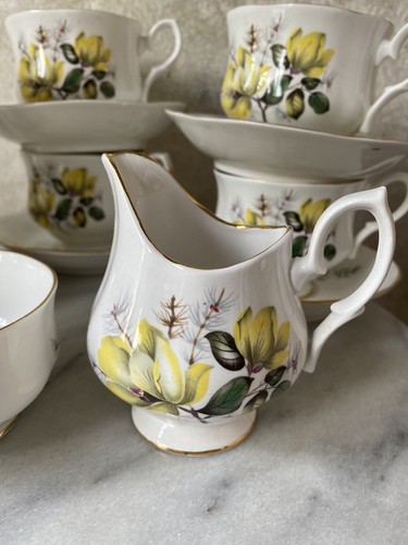 Taylor Kent Bluebird Bone China Tea Cup Saucer Cream Sugar Set 6 Yellow Magnolia - Bild 3 von 9