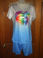 Ladies Unbranded Blue Multi Dripping Mouth Stretch Knit Pajama Short Set - Sz M
