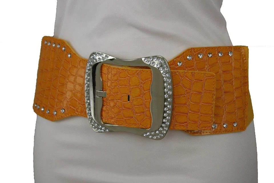 Mujeres Moda Ancho Naranja Elastizado Cintura Cinturón Plateado Metal Hebilla Plus M L Foto 3 de 4