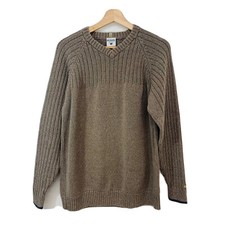 Columbia Chunky Sweater Men Large Brown V Neck Cotton Long Sleeve Logo Warm