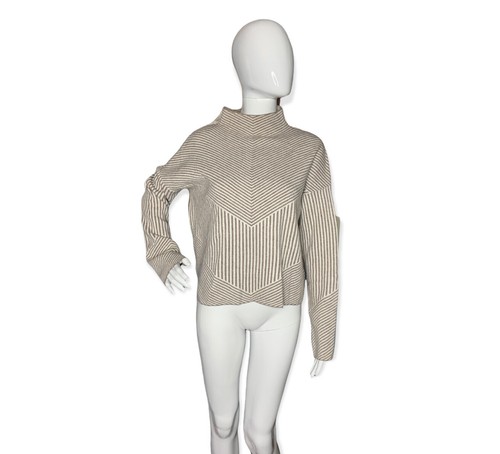 Beige Striped Mock Neck Sweater Stretch 