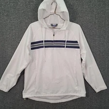 Reebok Windbreaker Mens XL White Blue Quarter Zip Hooded Pullover Pockets
