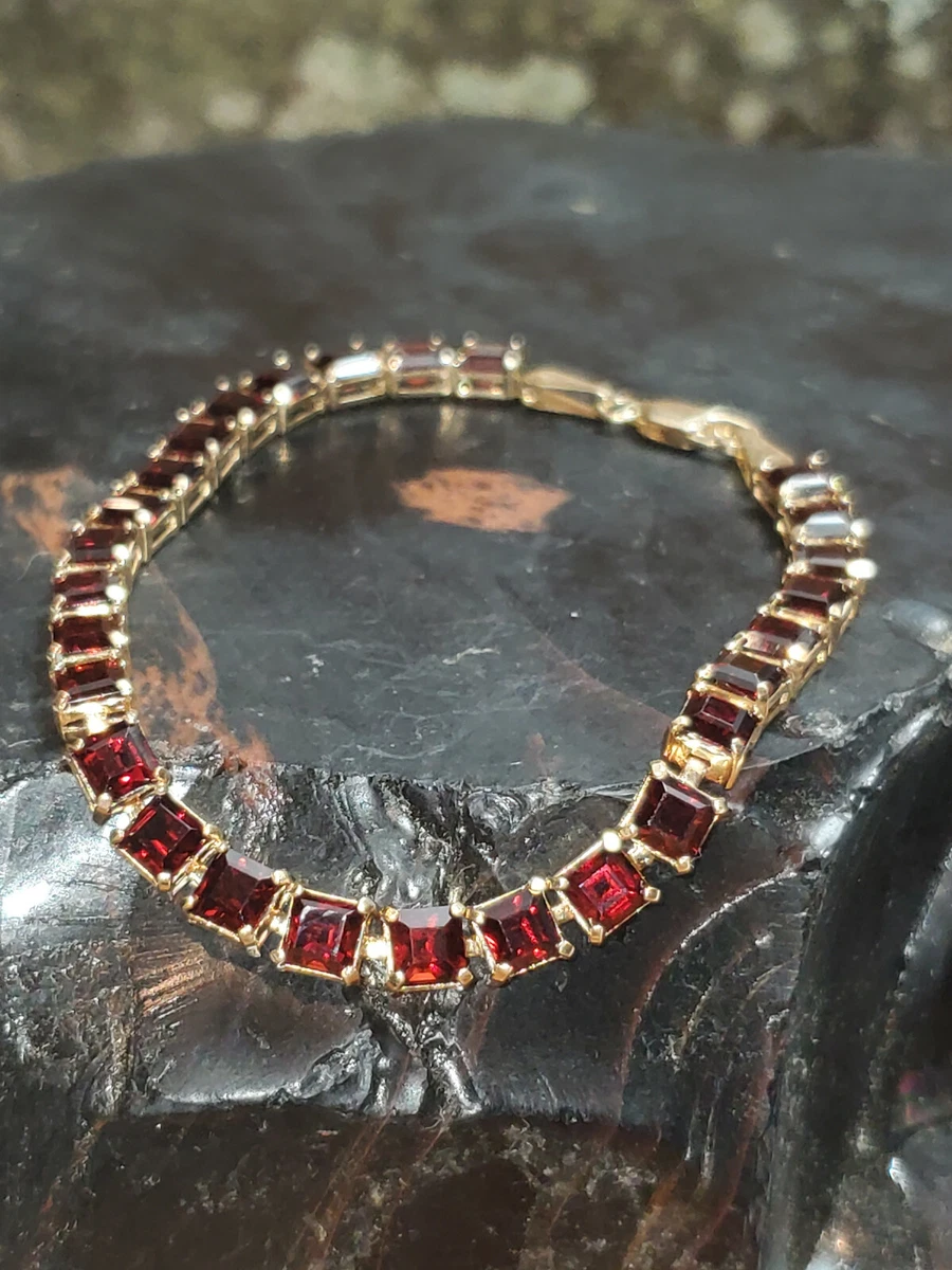 BOHEMIAN GARNET bracelet with 12 square links each encrusted with two sizes  of prong set garnets - Morning Glory Jewelry & Antiques