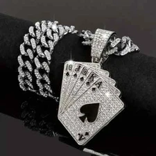 Poker Royal Flush Pendant & 12mm 18" Iced Cubic Zirconia Chain Hip Hop Necklace