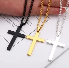 Women Men stainless steel Plain Silver Gold Plated cross pendant Cuban Necklace