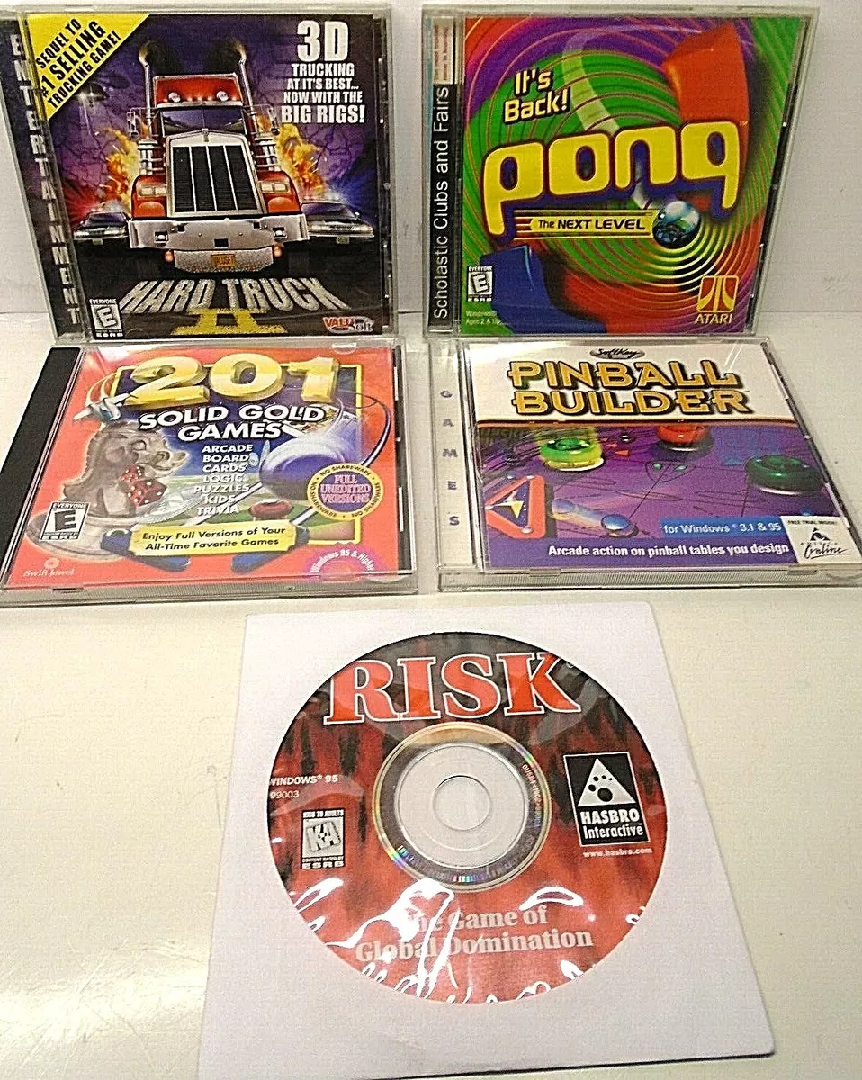 5 PC Games 201 SOLID GOLD Hard Truck II PONG THE NEXT LEVEL Risk PINBALL  BUILDER