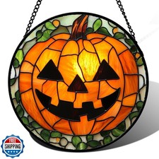 JOSUMALY Stained Glass Window Hanging, Halloween Decorations Evil Pumpkin Sun