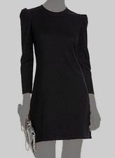 Aqua Women's Black Puff-Sleeve Rib-Knit Crew-Neck Mini Shift Dress Size L
