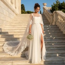Handmade Chiffon Chantilly Lace Edge Sheer Bridal Cape Veil Wedding Jacket Wrap