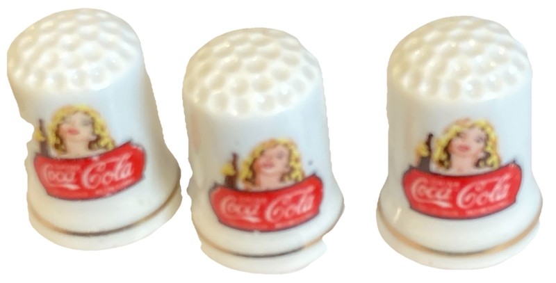 lot three (3) drink coca-cola coke advertising gold trim porcelain thimbles