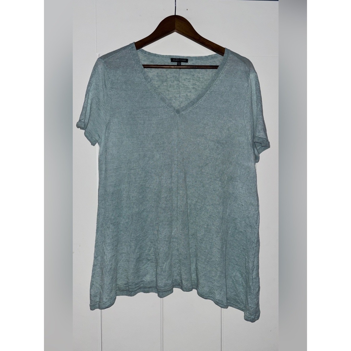 Eileen Fisher 100% Linen V-Neck Blouse Women L Boxy Closet Basic Relax Fit Green
