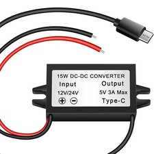 DC 12V/24V to 5V 3A 15W Buck Converter, USB Type-C Waterproof Power Black