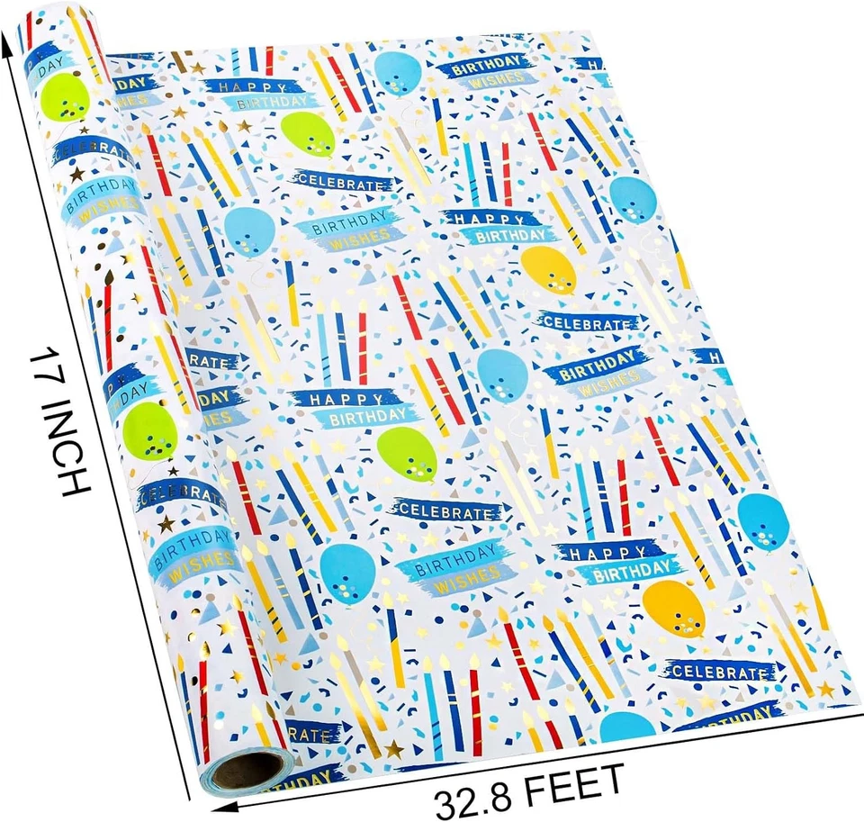 Papel de envolver de cumpleaños azul para niños - 17 pulgadas X 33 pies - envoltura de regalo de aluminio con... Foto 3 de 4