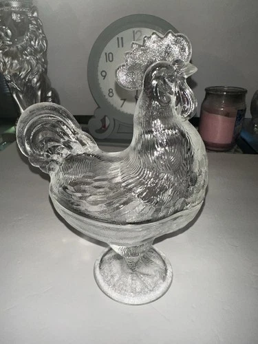 Vtg L.E. Smith Clear Glass Rooster Covered Candy Dish Chicken Depression Easter.