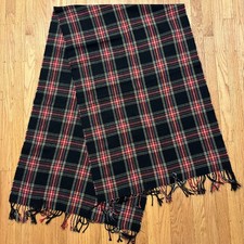 Knit Wool Scarf with Fringe - Black Red Green Yellow Tartan Plaid 76  x 24  