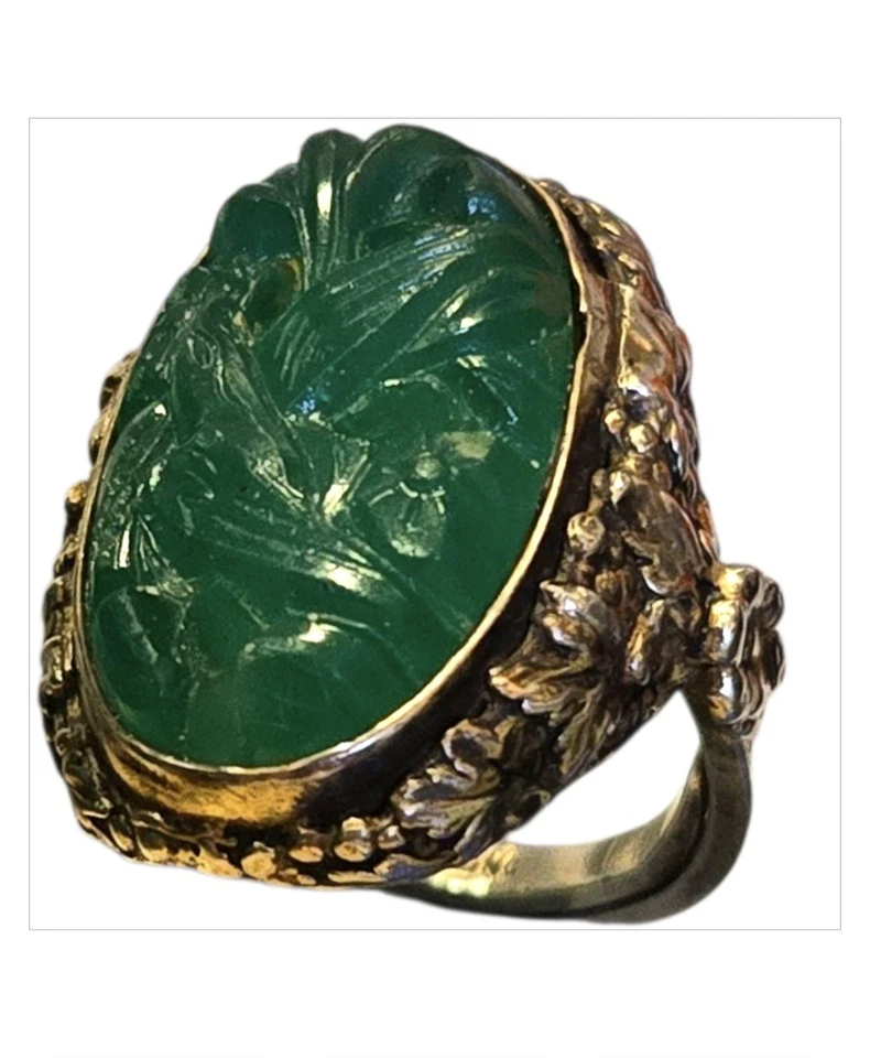 Anillos de calcedonia tallados a mano vintage de plata esterlina de exportación china tardía de los años 70 talla 7 Foto 3 de 4