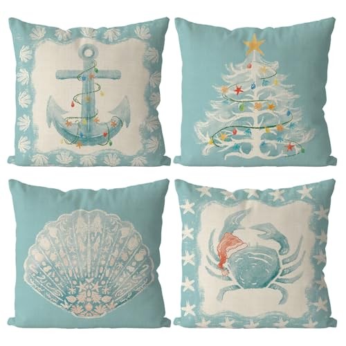 Christmas Pillow Covers Coastal Beach Christmas Decor Retro Xmas Throw 18"x18"