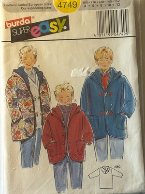 Kids Coats & Sweatshirt Size 4-12 New Uncut Sewing Pattern, Burda 4749