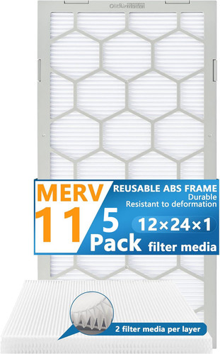 Air Filter - Furnace/HVAC, 24 x 12 x 1, MERV 11 - 5-Pack W/Reusable ABS Frame - Picture 1 of 9