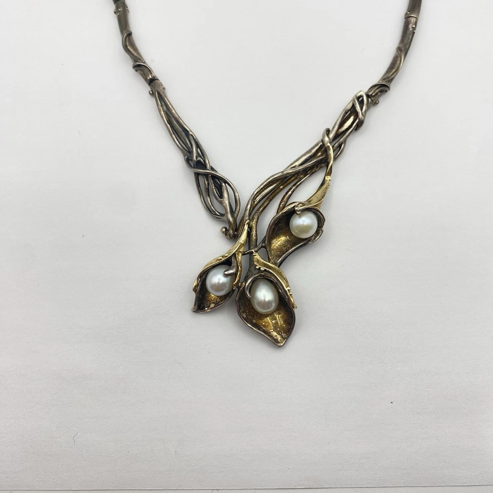 Hagit Gorali H Isreal 925 Sterling Silver 14k Gold Pearl Calla Lily Necklace 16" - Image 3 of 4