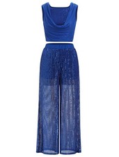 Lyrical Dance Dress for Women Cowl Neck Sleeveless Shiny Sequins Crop Top Lon...