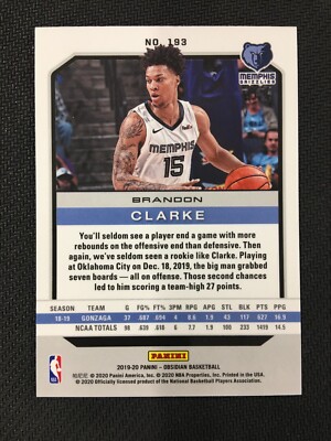 2019-20 Panini Obsidian #193 Brandon Clarke Rookie Memphis