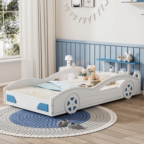 Cama plataforma em forma de carro com rodas quadros de madeira tamanho duplo móveis para cama infantil - Imagem 3 de 4
