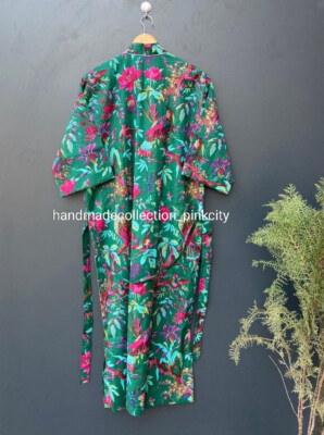 Indische Baumwolle Vogel Grün Kimono Bademäntel Nacht Maxi Kleid Kimono Morge...