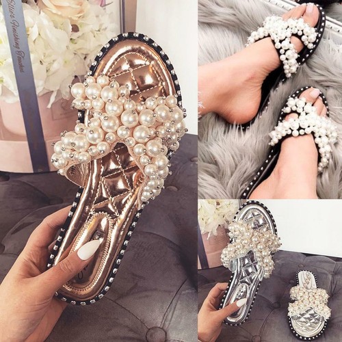 Womens Pearls Diamante Flats Summer Sandals Slides Slip On Holiday Wedding  Mules | eBay