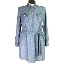 Gap Denim Dress Y2K 90s Women L  Blue Cotton Half Button Long Sleeves Pockets